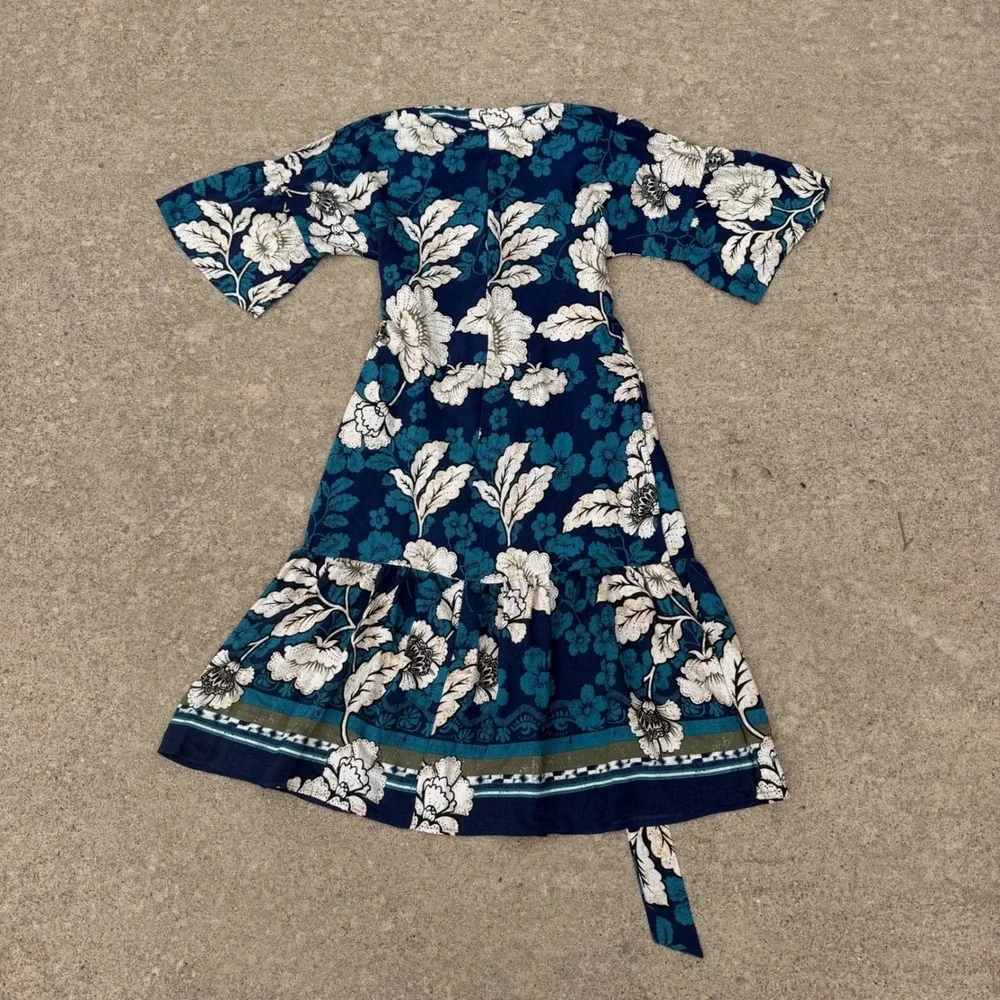 Sofia Jeans by Sofia Vergara Floral Faux Wrap Midi Dress Navy Teal Womens Medium - Picture 5 of 7